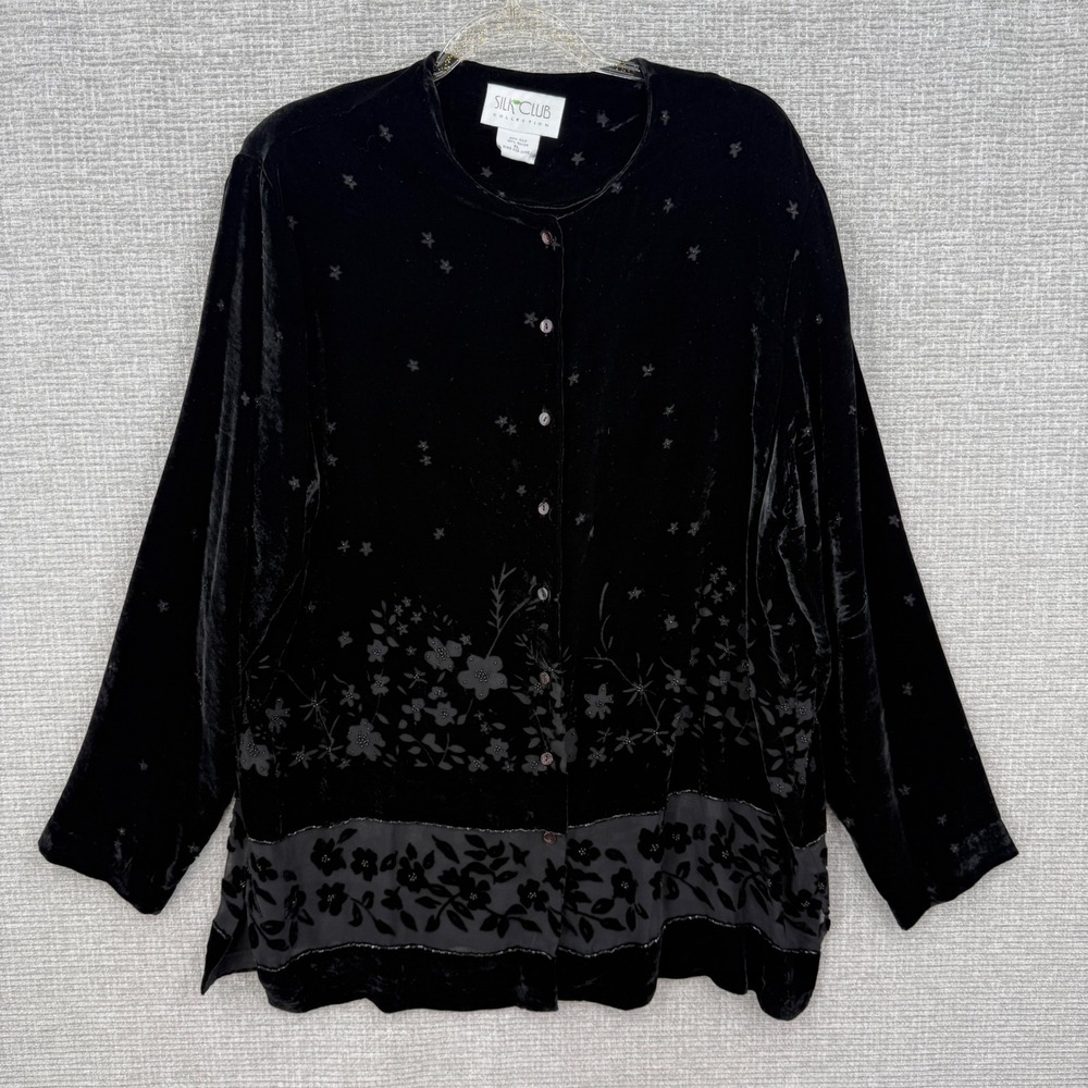 Vtg Silk Club Beaded Silk Velvet Cardigan Top Women XL Black Floral Whimsigoth